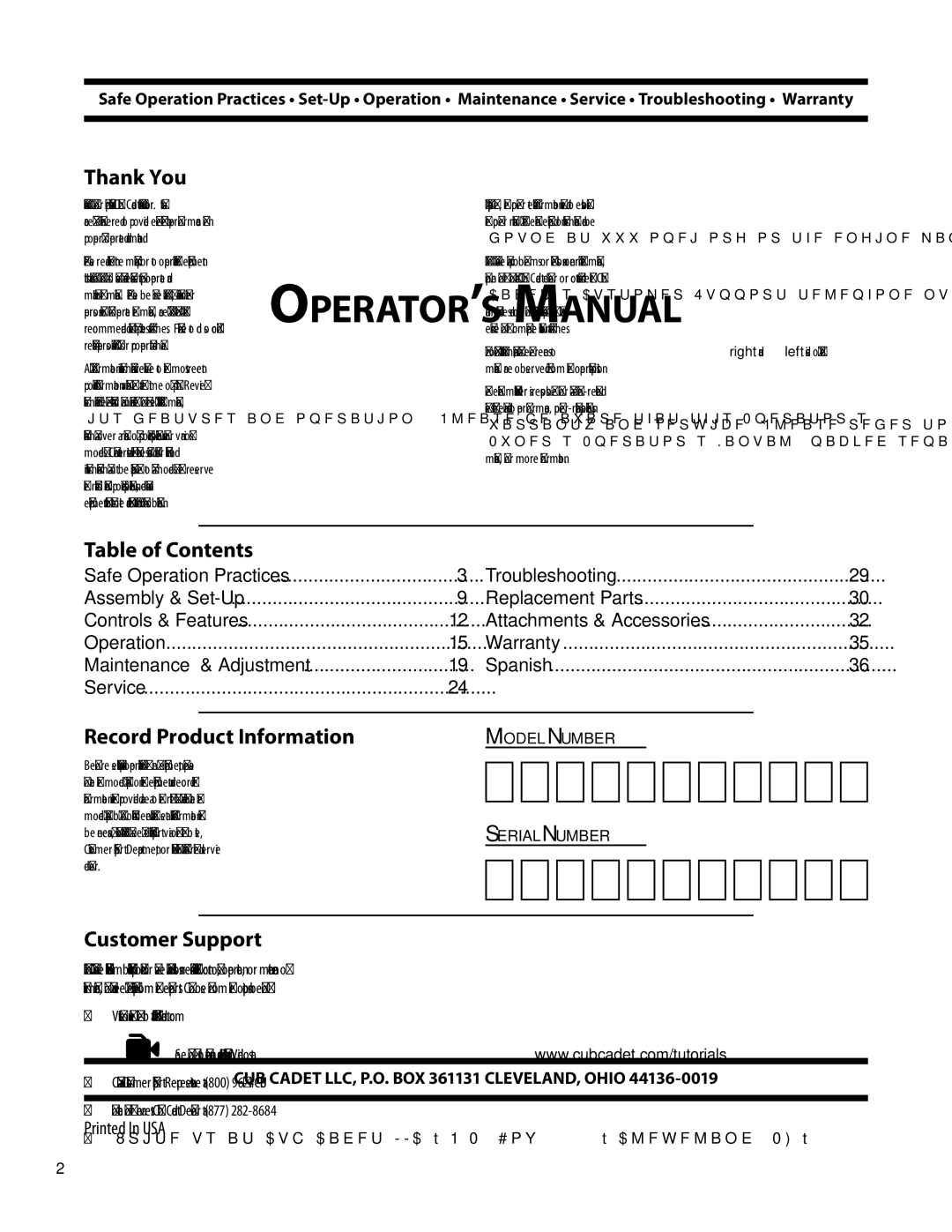 Cub Cadet LTX1045, LTX1046M To The Owner, Thank You, Table of Contents, Record Product Information, Customer Support 