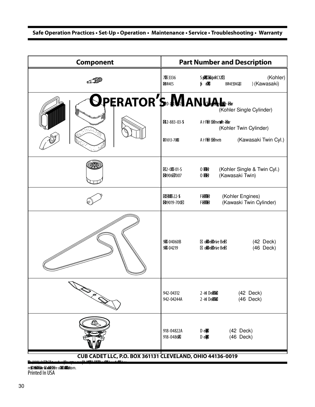 Cub Cadet LTX1046M, LTX1042KW, LTX1045 Component Part Number and Description, Spark Plug BPR4ES NGK Kawasaki, KM-11013-7050 