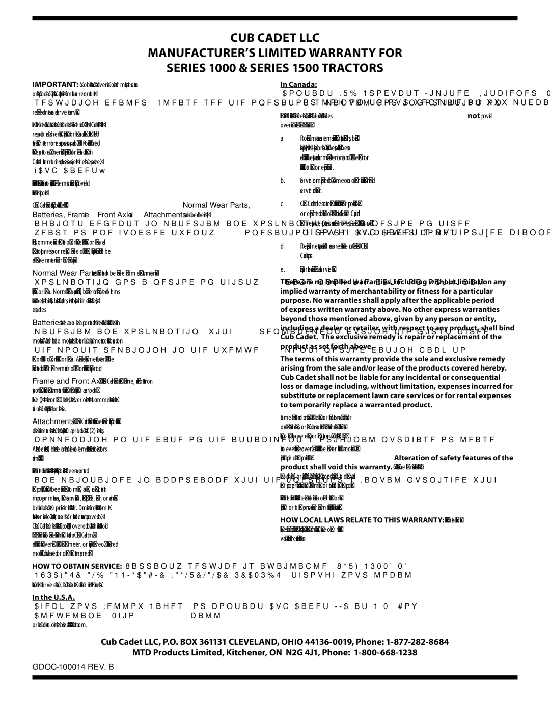 Cub Cadet LTX1045, LTX1046M, LTX1042KW warranty GDOC-100014 REV. B, Canada 