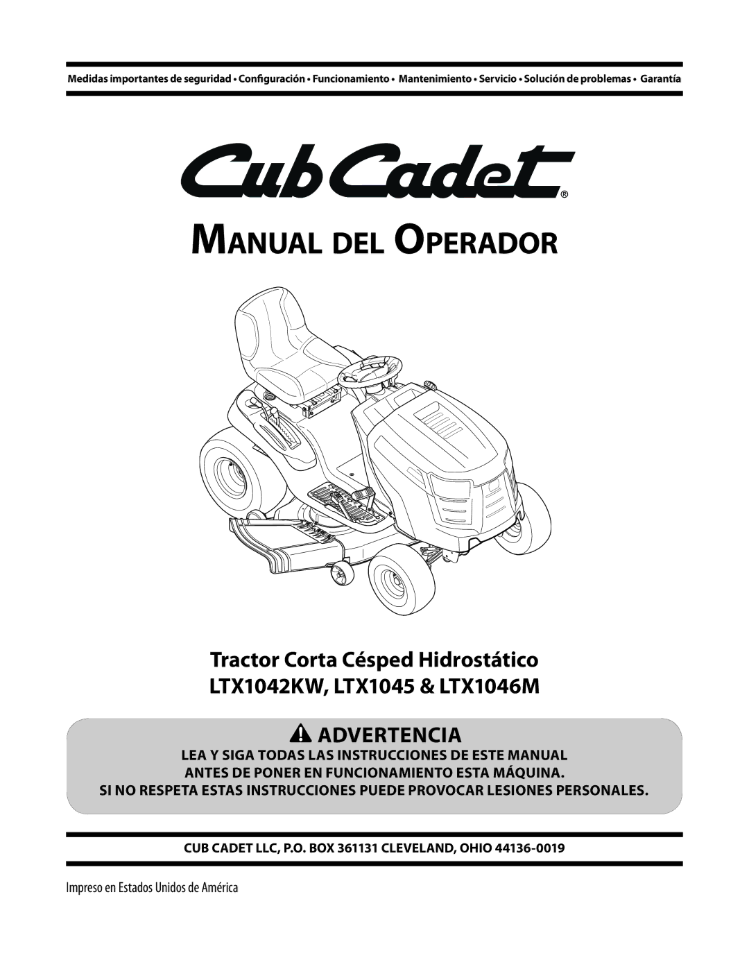 Cub Cadet LTX1046M, LTX1042KW, LTX1045 warranty Manual del Operador 