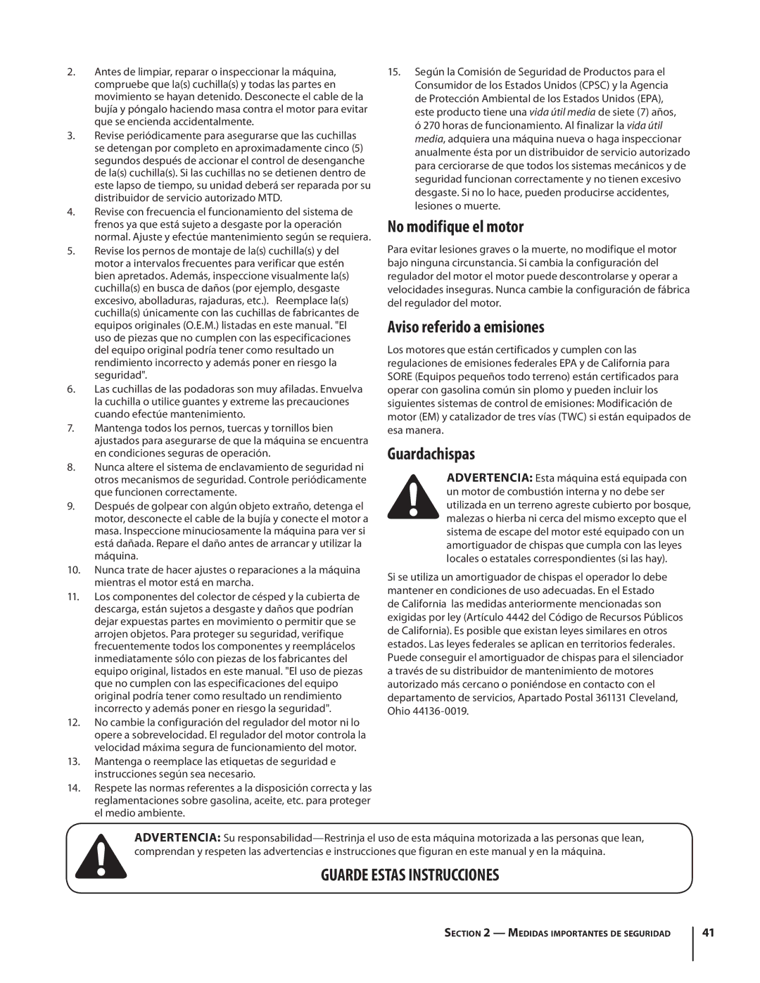 Cub Cadet LTX1045, LTX1046M, LTX1042KW warranty No modifique el motor, Aviso referido a emisiones, Guardachispas 