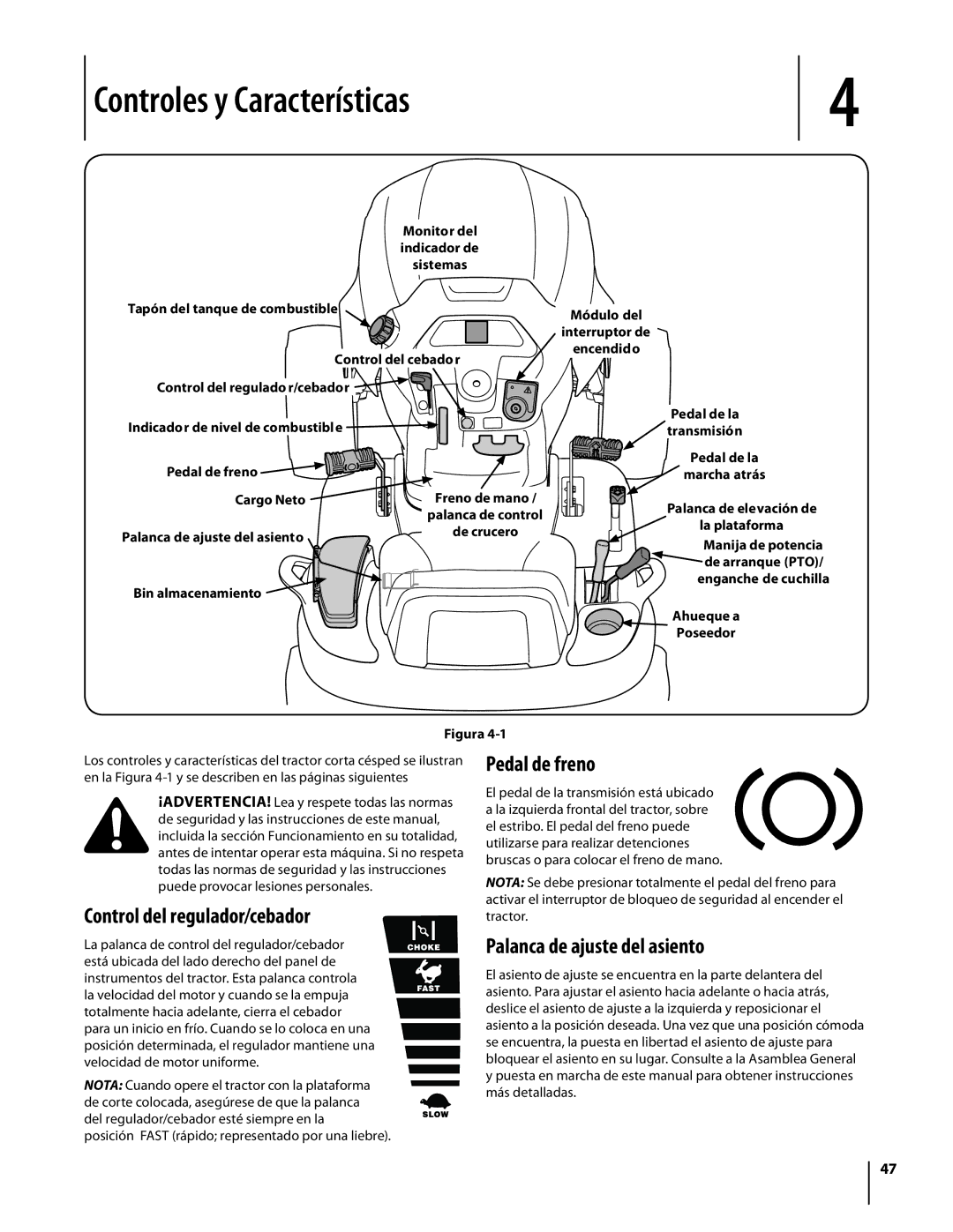 Cub Cadet LTX1045, LTX1046M, LTX1042KW warranty Controles y Características, Control del regulador/cebador, Pedal de freno 