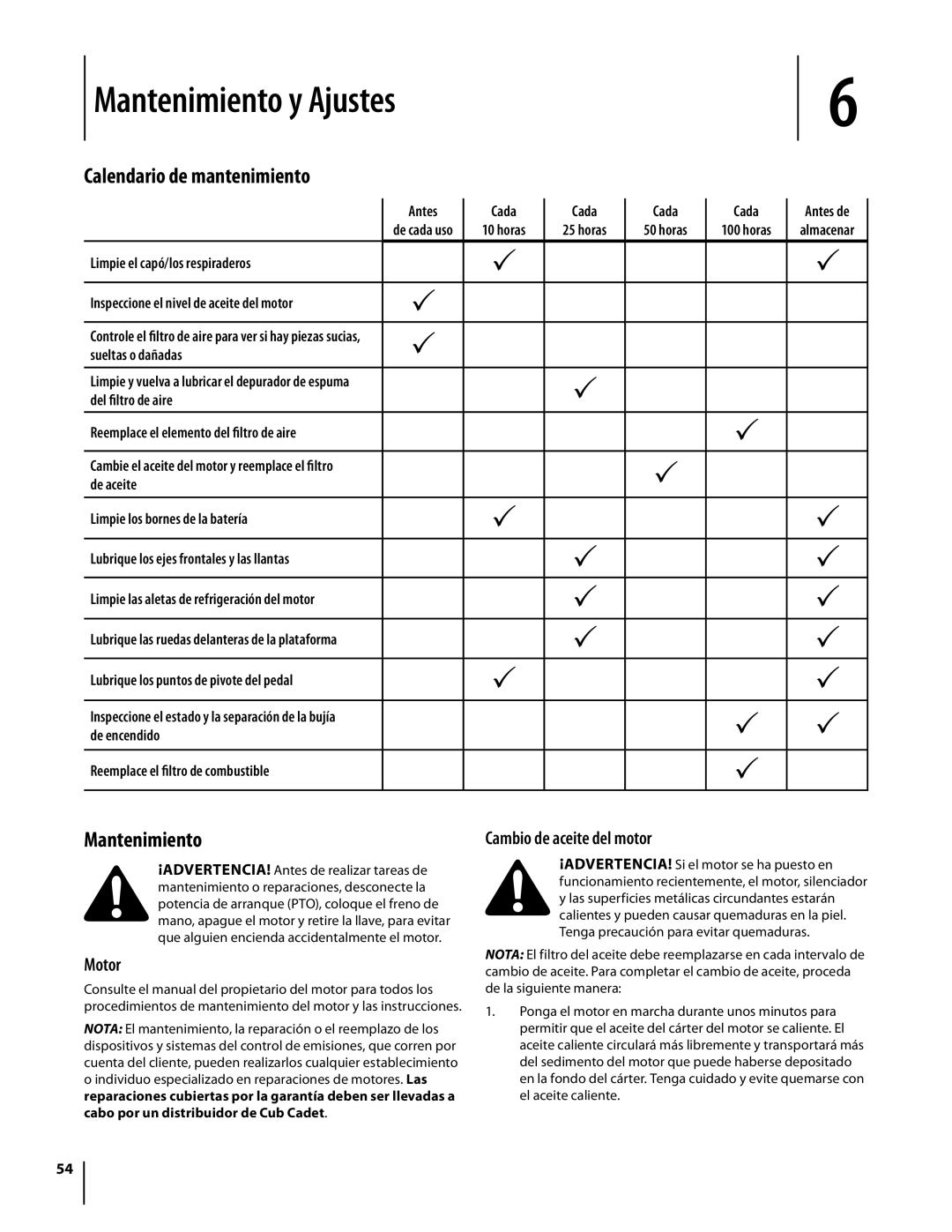 Cub Cadet LTX1046M, LTX1042KW, LTX1045 warranty Mantenimiento y Ajustes, Calendario de mantenimiento, Motor 