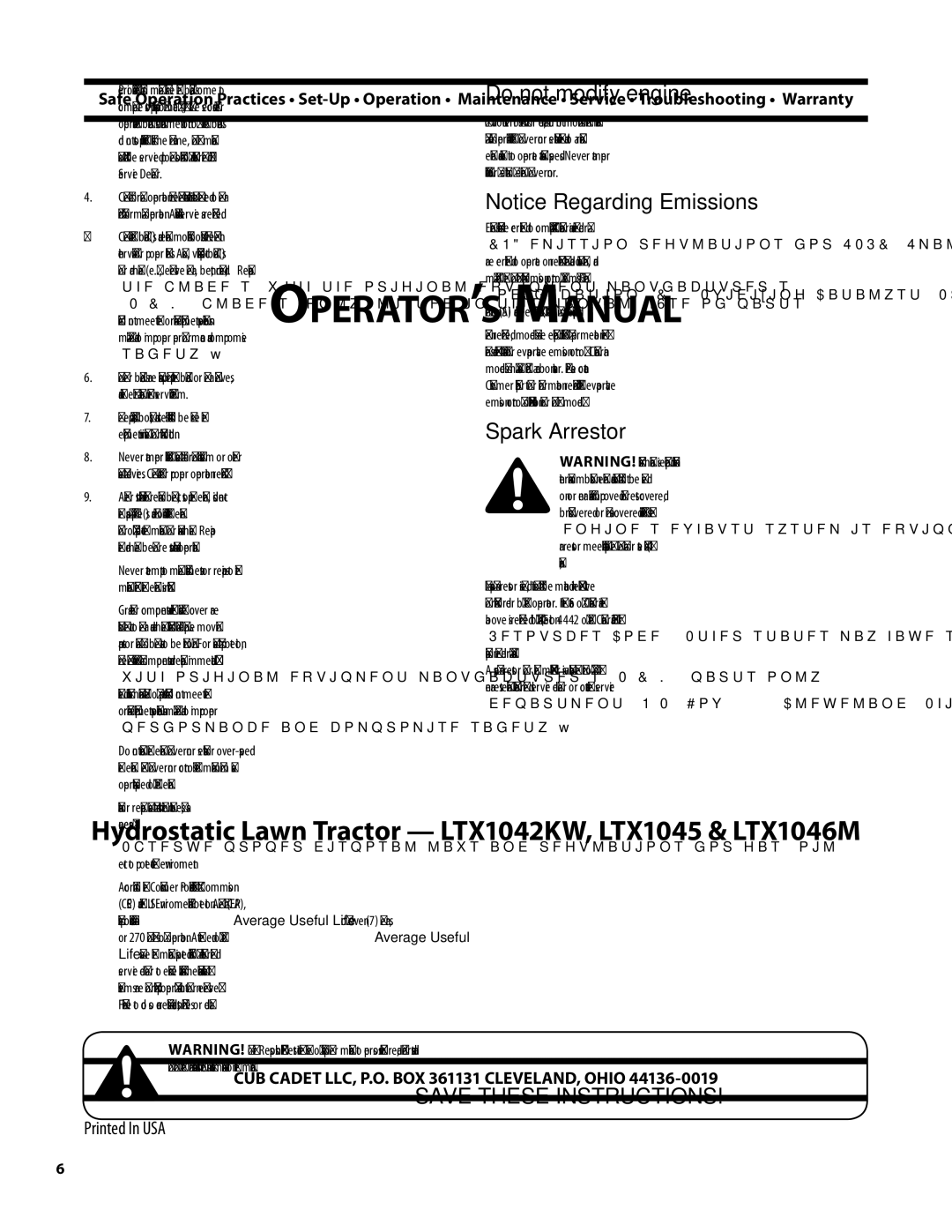 Cub Cadet LTX1046M, LTX1042KW, LTX1045 warranty Do not modify engine, Spark Arrestor 