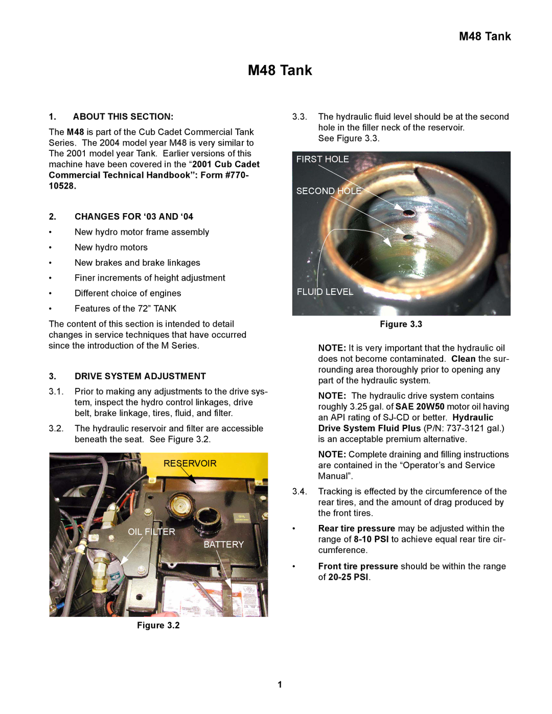 Cub Cadet M48 About this Section, Drive System Adjustment, OIL Filter Battery, First Hole Second Hole Fluid Level 