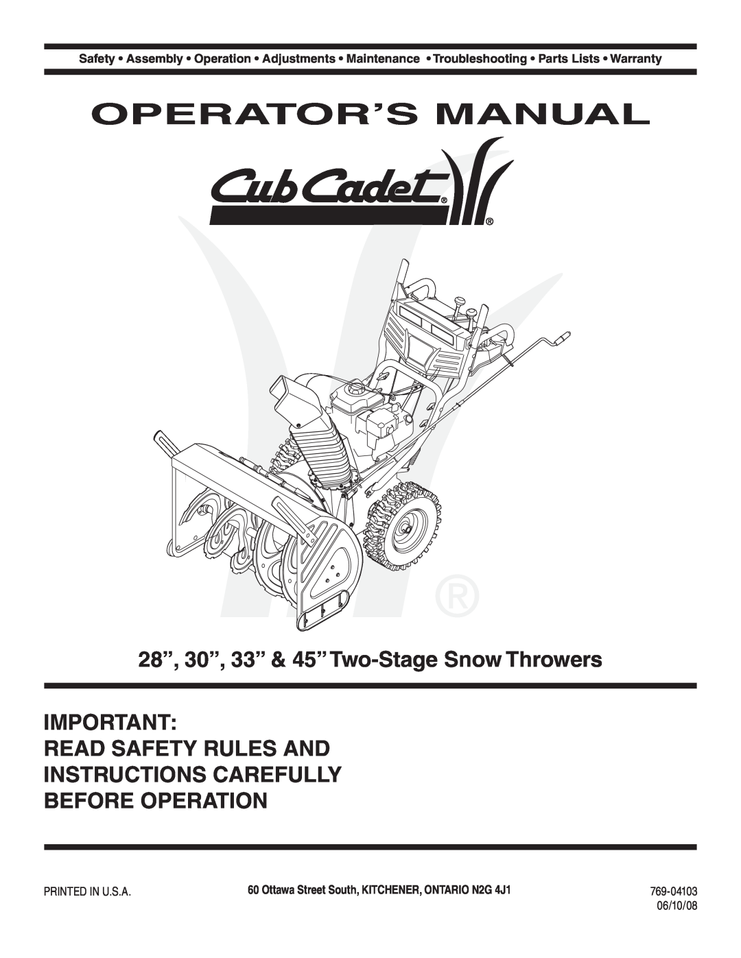 Cub Cadet OEM-390-679 warranty Operator’S Manual, 28”, 30”, 33” & 45”Two-Stage Snow Throwers 