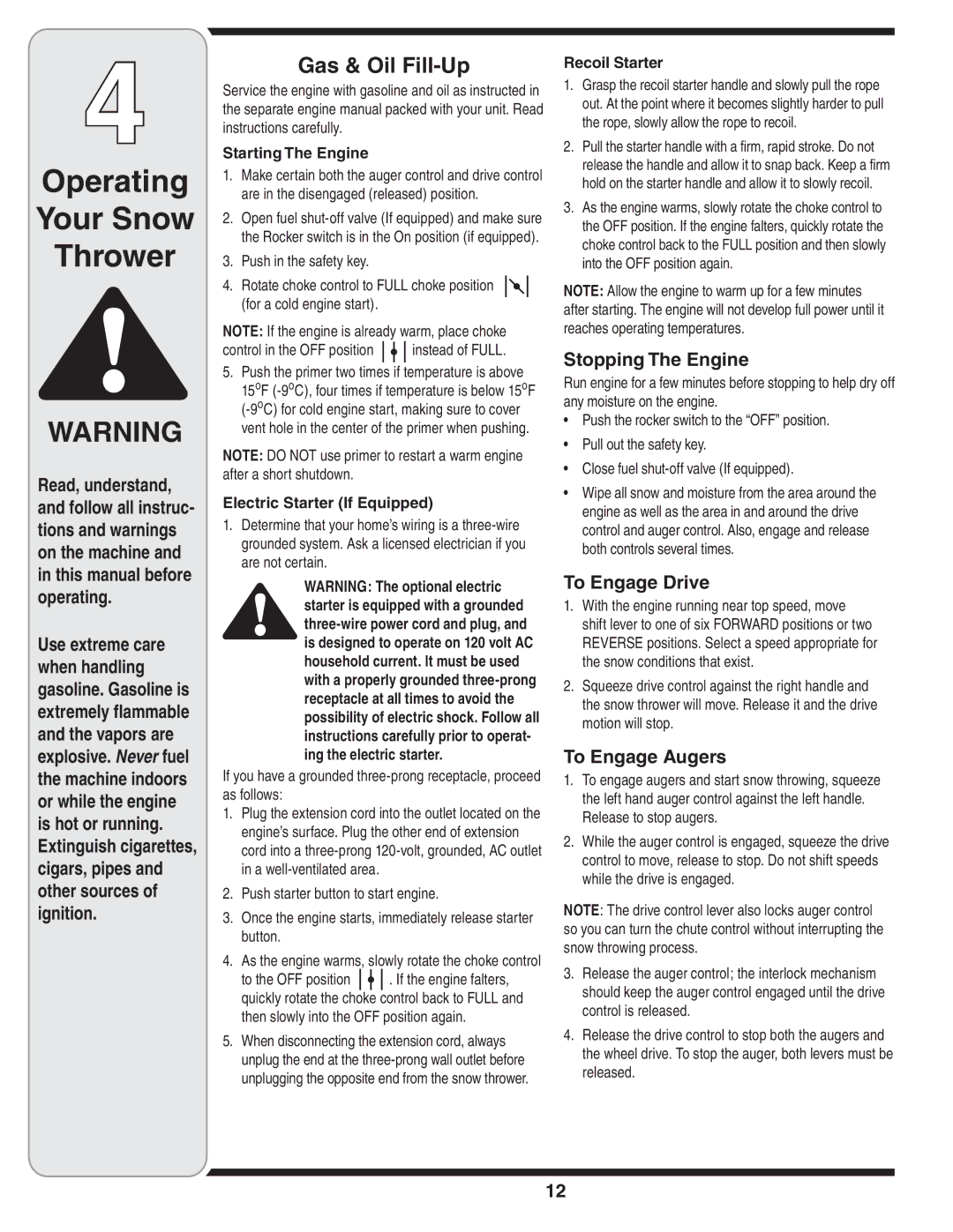 Cub Cadet OEM-390-679 warranty Gas & Oil Fill-Up, Stopping The Engine, To Engage Drive, To Engage Augers 