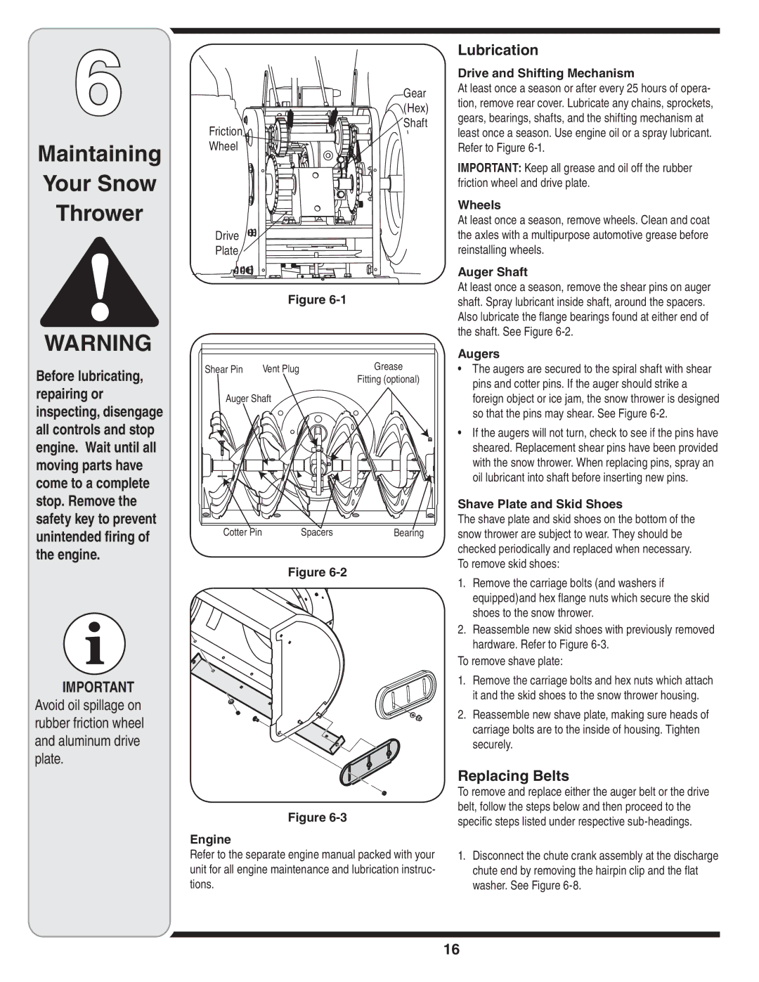 Cub Cadet OEM-390-679 warranty Maintaining Your Snow Thrower, Lubrication, Replacing Belts 