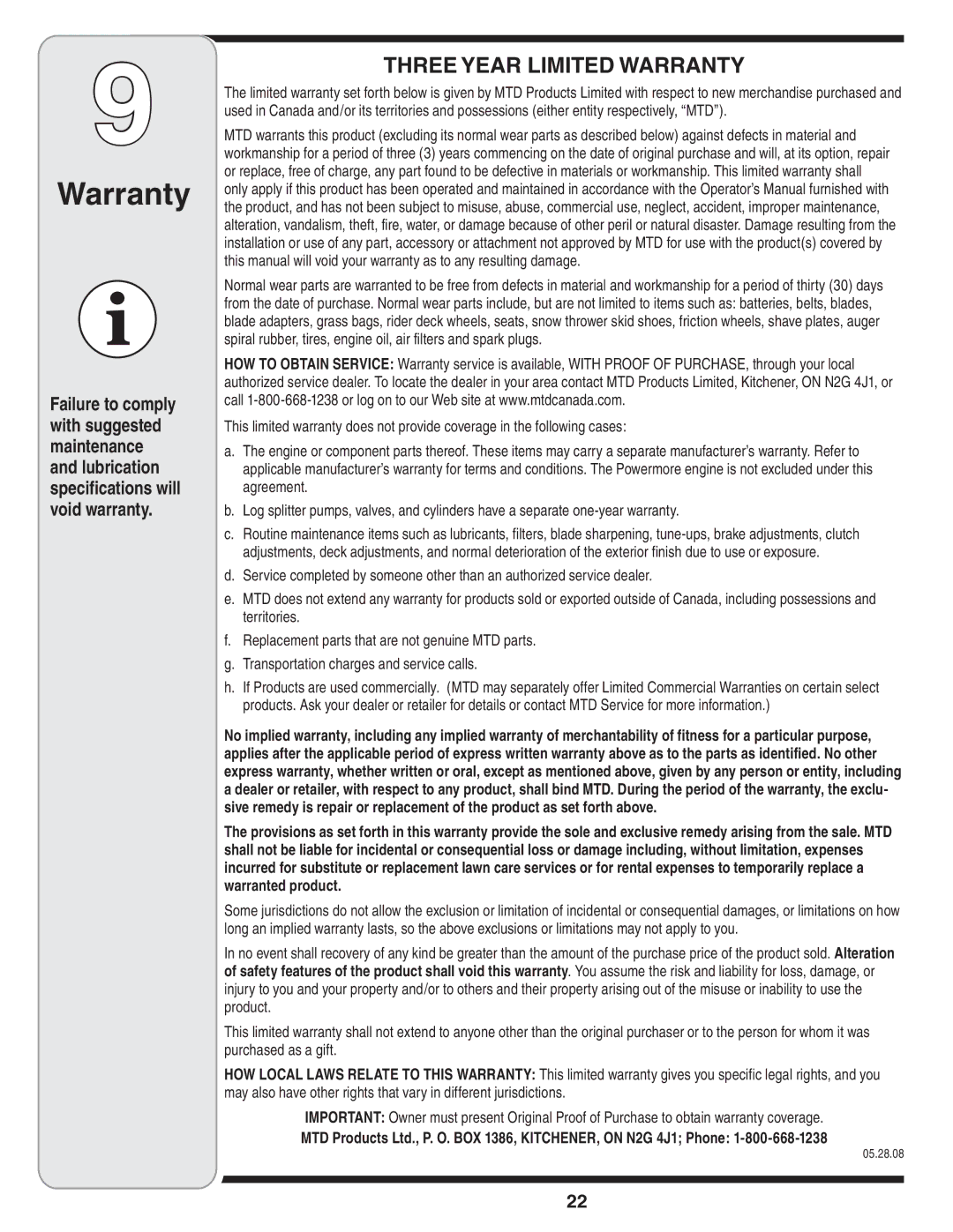 Cub Cadet OEM-390-679 warranty Warranty, 05.28.08 