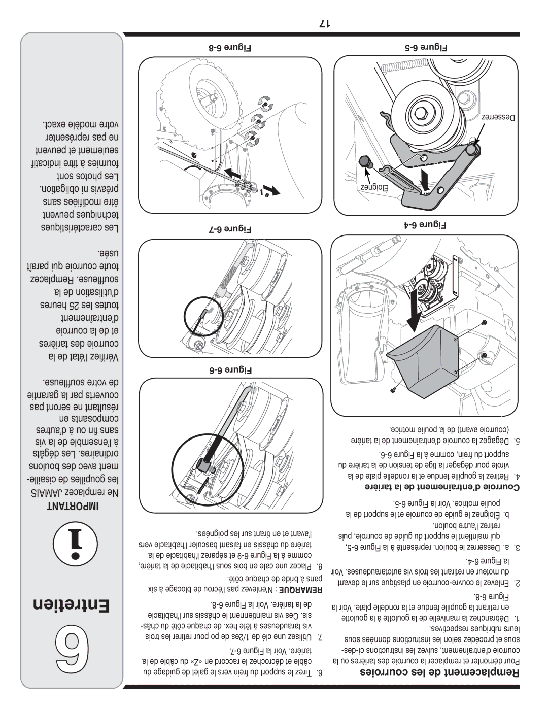 Cub Cadet OEM-390-679 warranty Éloignez, ’enlevez, Tarière la de d’entraînement Courroie, Boulon l’autre retirez 