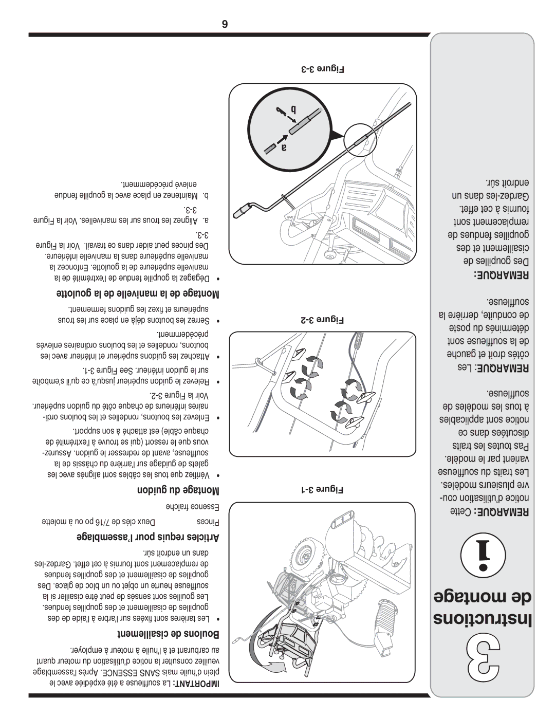 Cub Cadet OEM-390-679 warranty Goulotte la de manivelle la de Montage, Guidon du Montage, ’assemblage pour requis Articles 