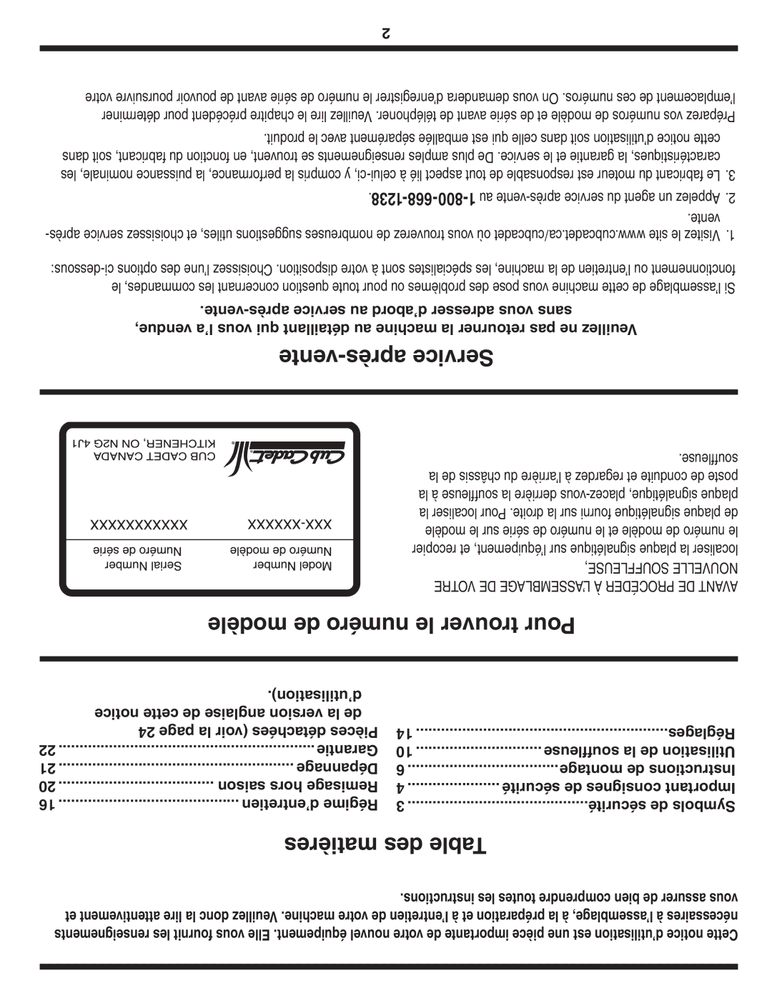 Cub Cadet OEM-390-679 warranty Vente-après Service, Modèle de numéro le trouver Pour, Matières des Table 