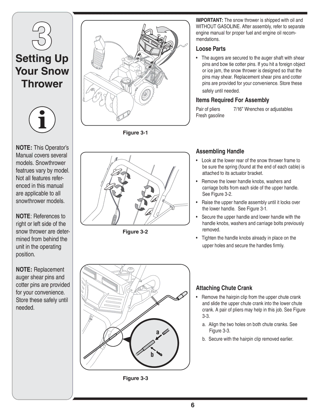 Cub Cadet OEM-390-679 warranty Setting Up Your Snow Thrower, Loose Parts, Items Required For Assembly, Assembling Handle 