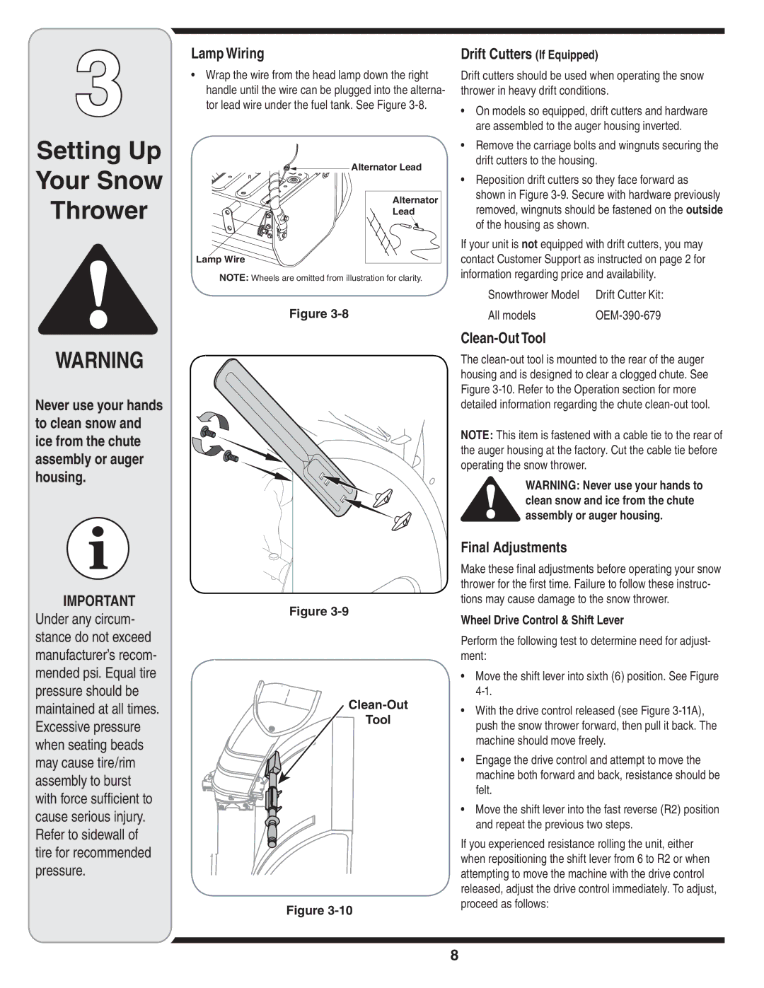 Cub Cadet OEM-390-679 warranty Lamp Wiring, Drift Cutters If Equipped, Clean-Out Tool, Final Adjustments 