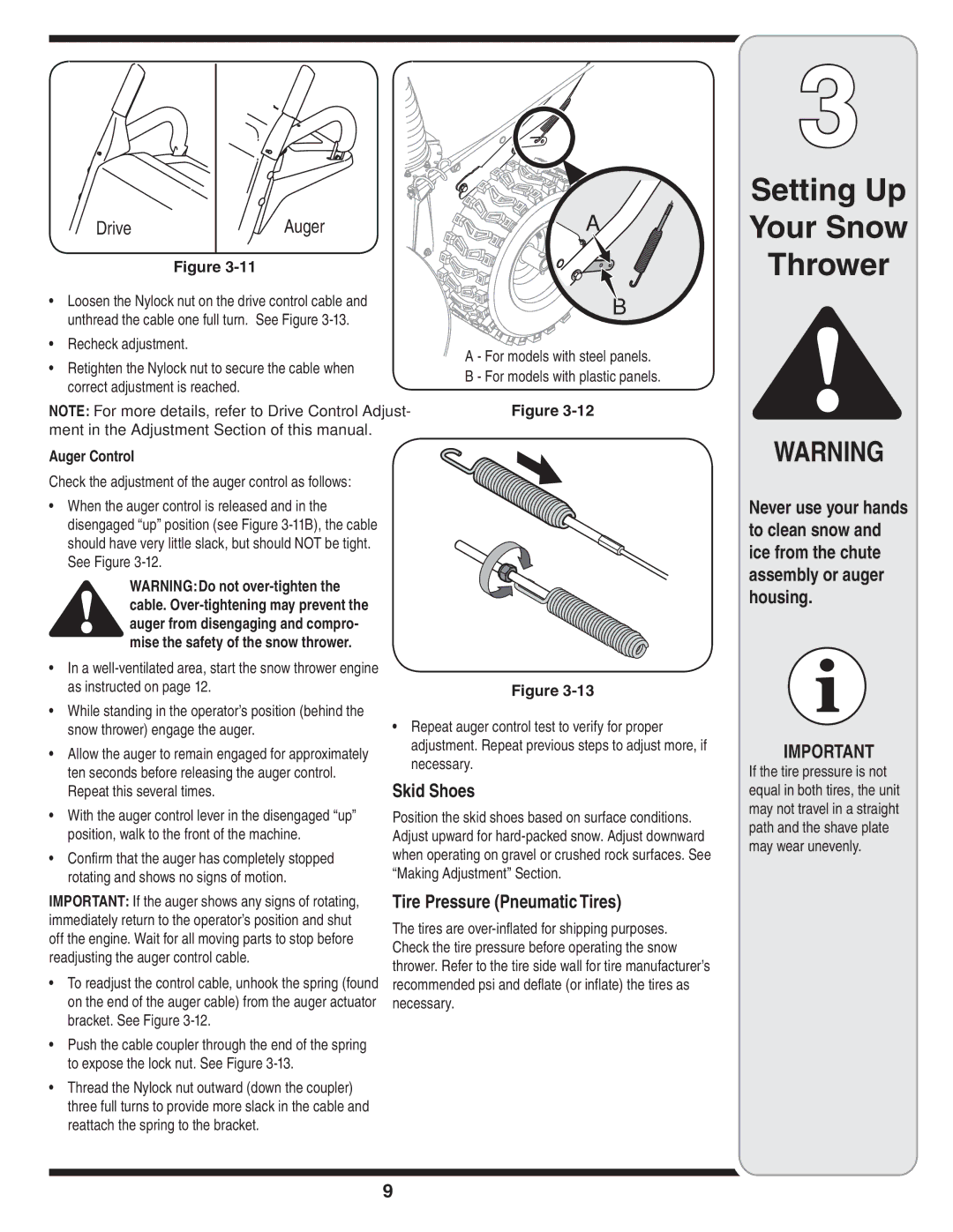 Cub Cadet OEM-390-679 warranty Skid Shoes, Tire Pressure Pneumatic Tires, Auger Control 