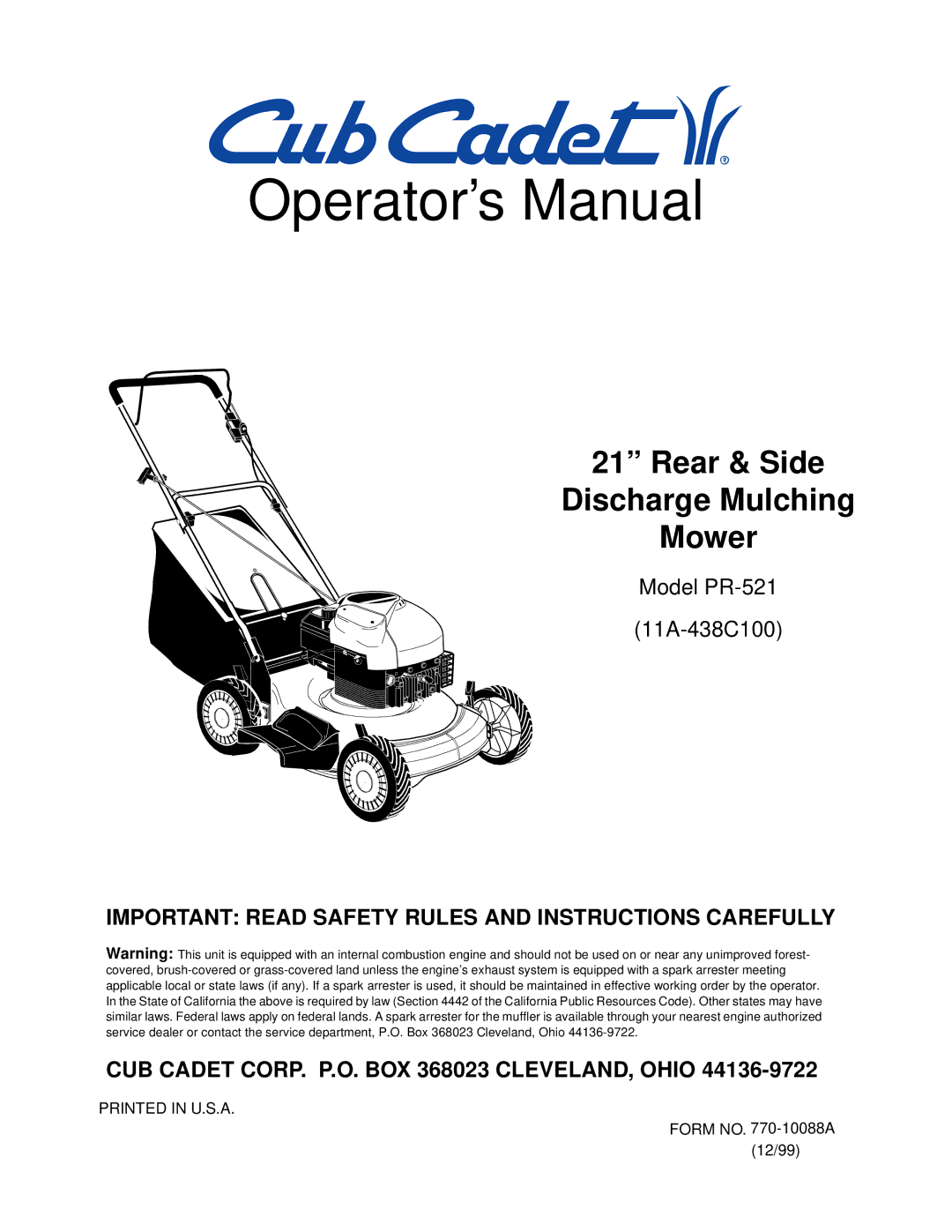 Cub Cadet PR-521 manual Operator’s Manual 