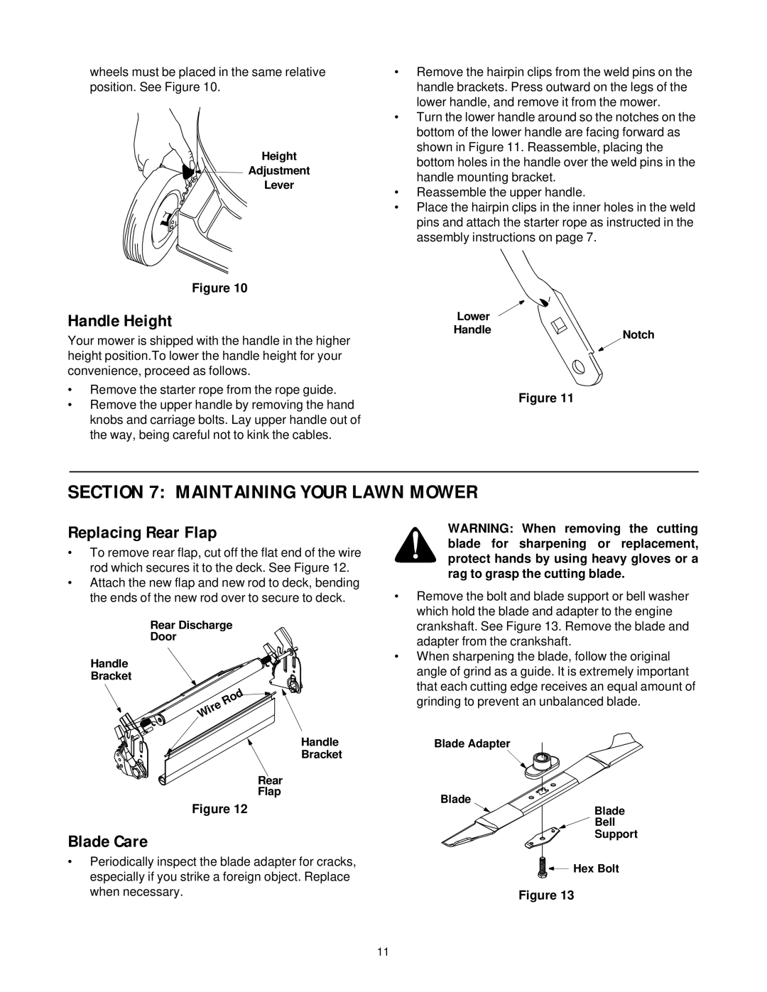 Cub Cadet PR-521 manual Maintaining Your Lawn Mower, Handle Height, Replacing Rear Flap, Blade Care 