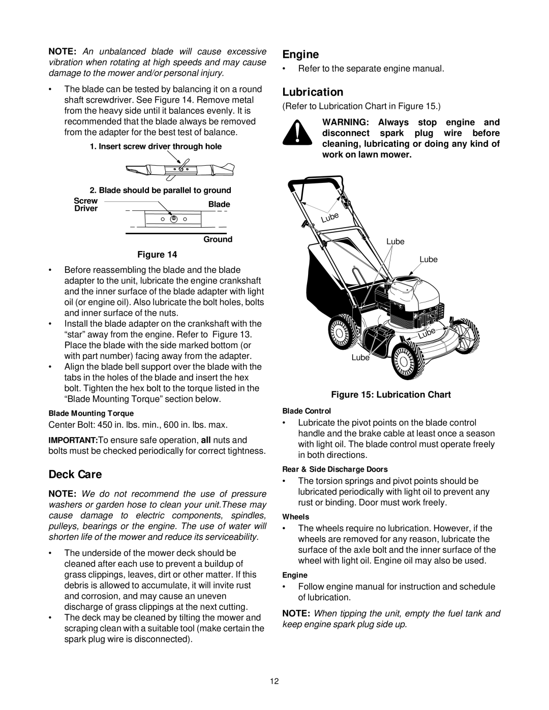 Cub Cadet PR-521 manual Deck Care, Engine, Lubrication 