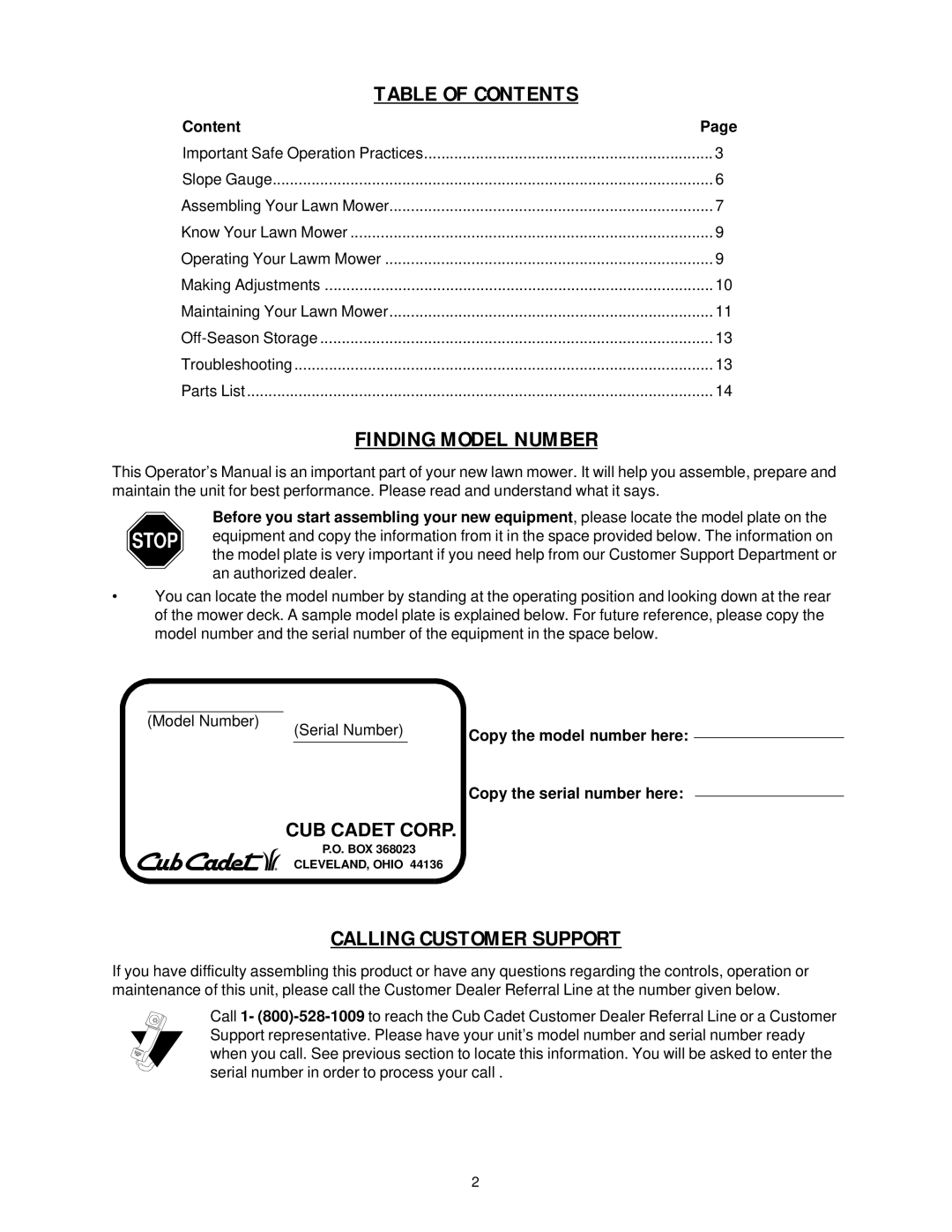 Cub Cadet PR-521 manual Table of Contents 