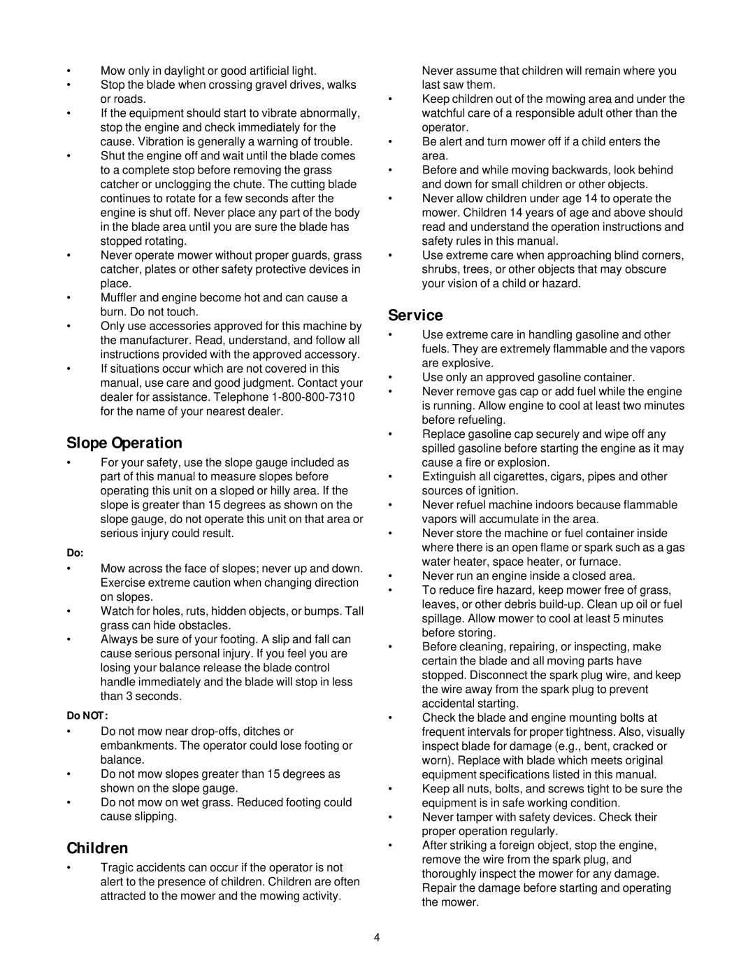 Cub Cadet PR-521 manual Slope Operation, Children, Service 