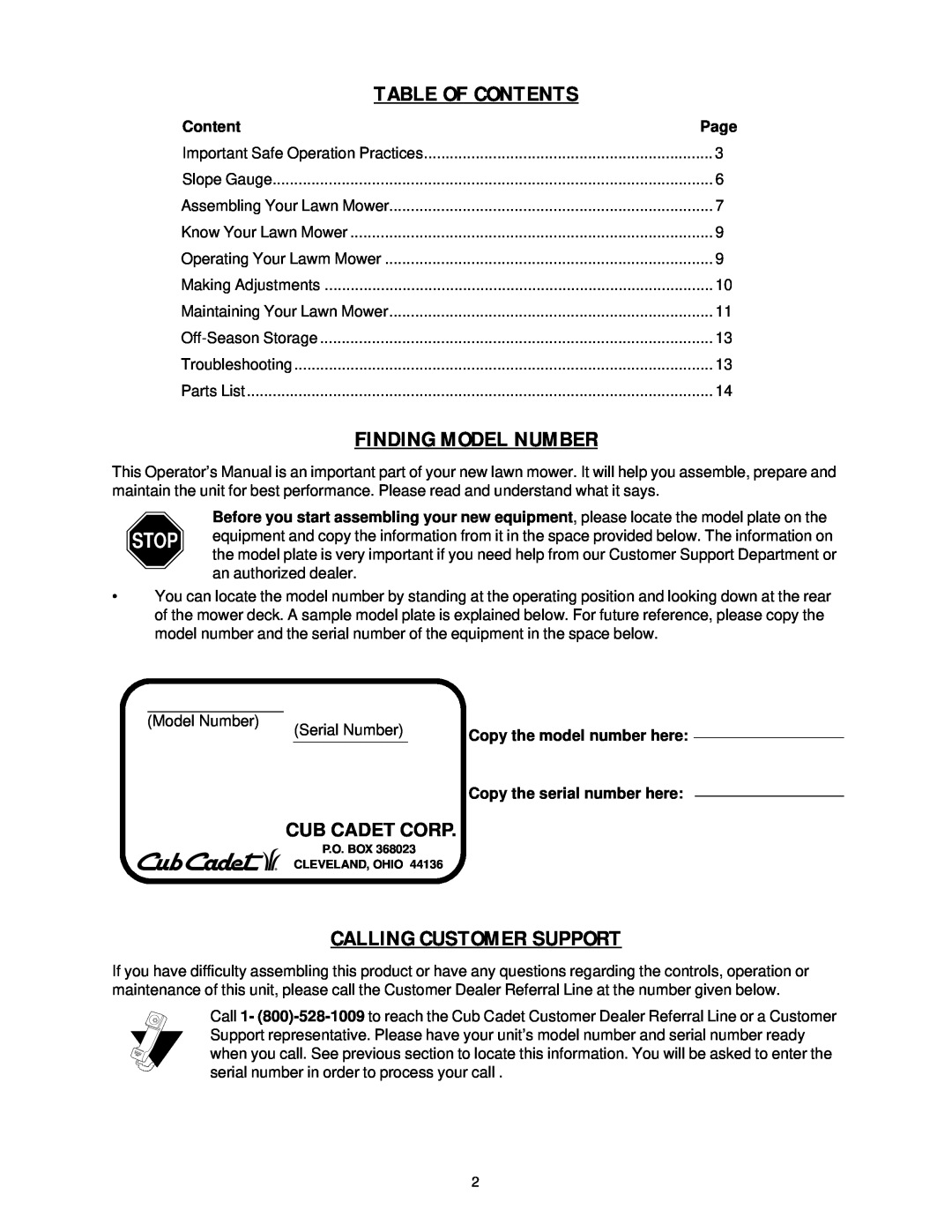 Cub Cadet PR-521 manual Table Of Contents, Finding Model Number, Calling Customer Support, Cub Cadet Corp 