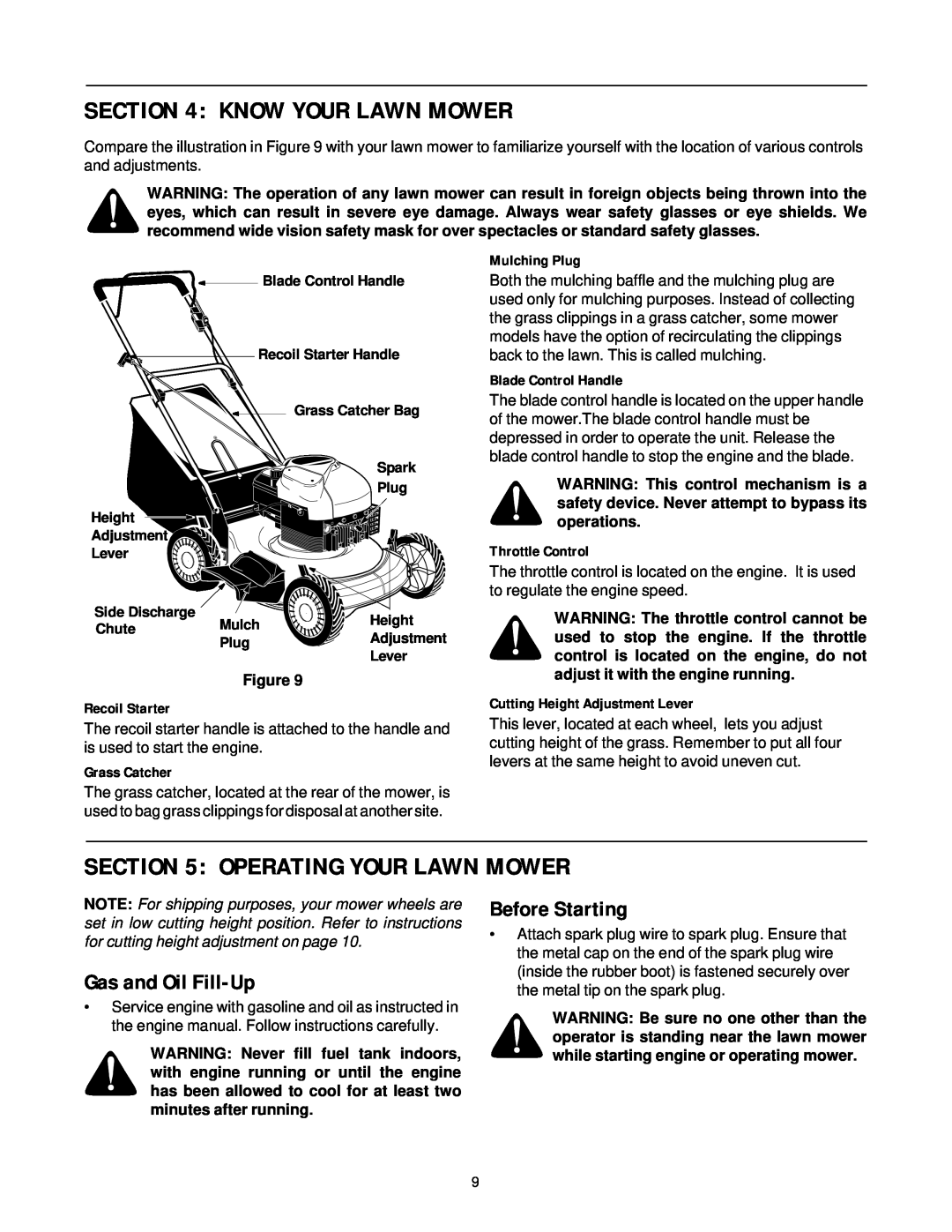 Cub Cadet PR-521 Know Your Lawn Mower, Operating Your Lawn Mower, Gas and Oil Fill-Up, Before Starting, Mulching Plug 