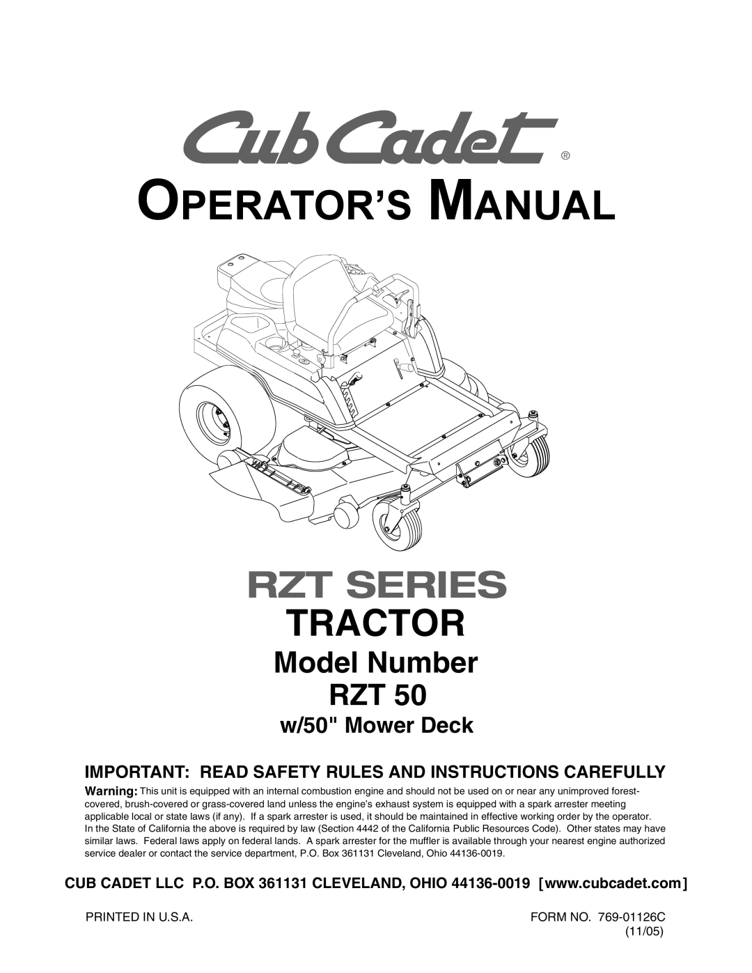 Cub Cadet RZT 50 manual OPERATOR’S Manual, Important Read Safety Rules and Instructions Carefully 