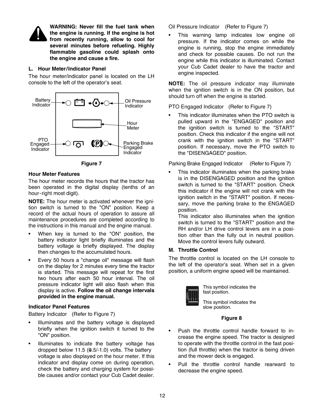 Cub Cadet RZT 50 manual Hour Meter/Indicator Panel, Hour Meter Features, Indicator Panel Features, Throttle Control 