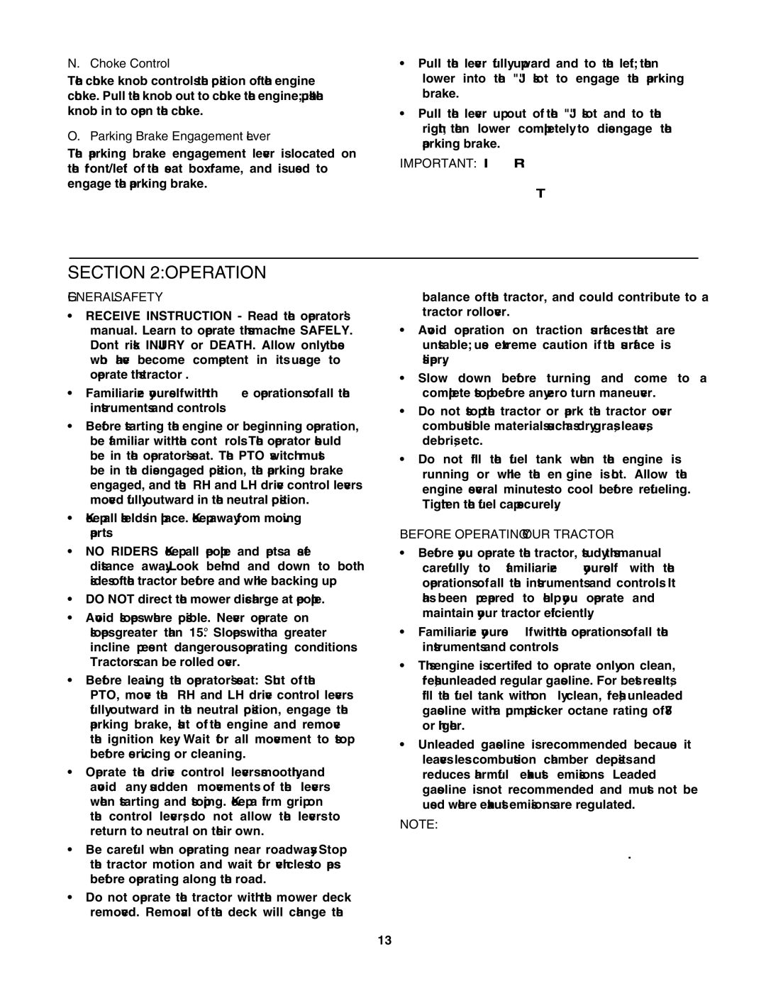 Cub Cadet RZT 50 Operation, Choke Control, Parking Brake Engagement Lever, General Safety, Before Operating Your Tractor 