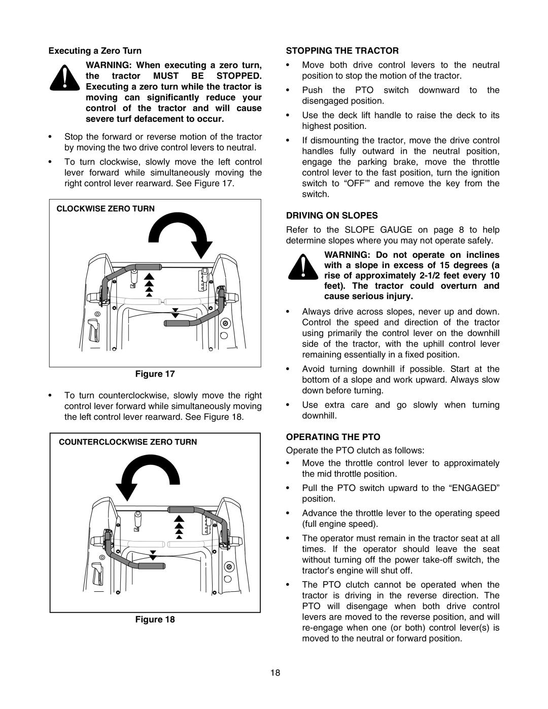 Cub Cadet RZT 50 manual Executing a Zero Turn, Stopping the Tractor, Driving on Slopes, Operating the PTO 