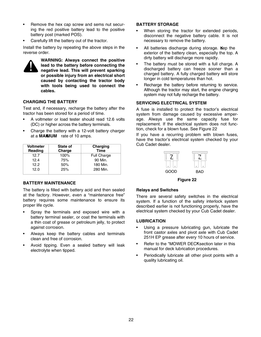 Cub Cadet RZT 50 Charging the Battery, Battery Maintenance, Battery Storage, Servicing Electrical System, Lubrication 