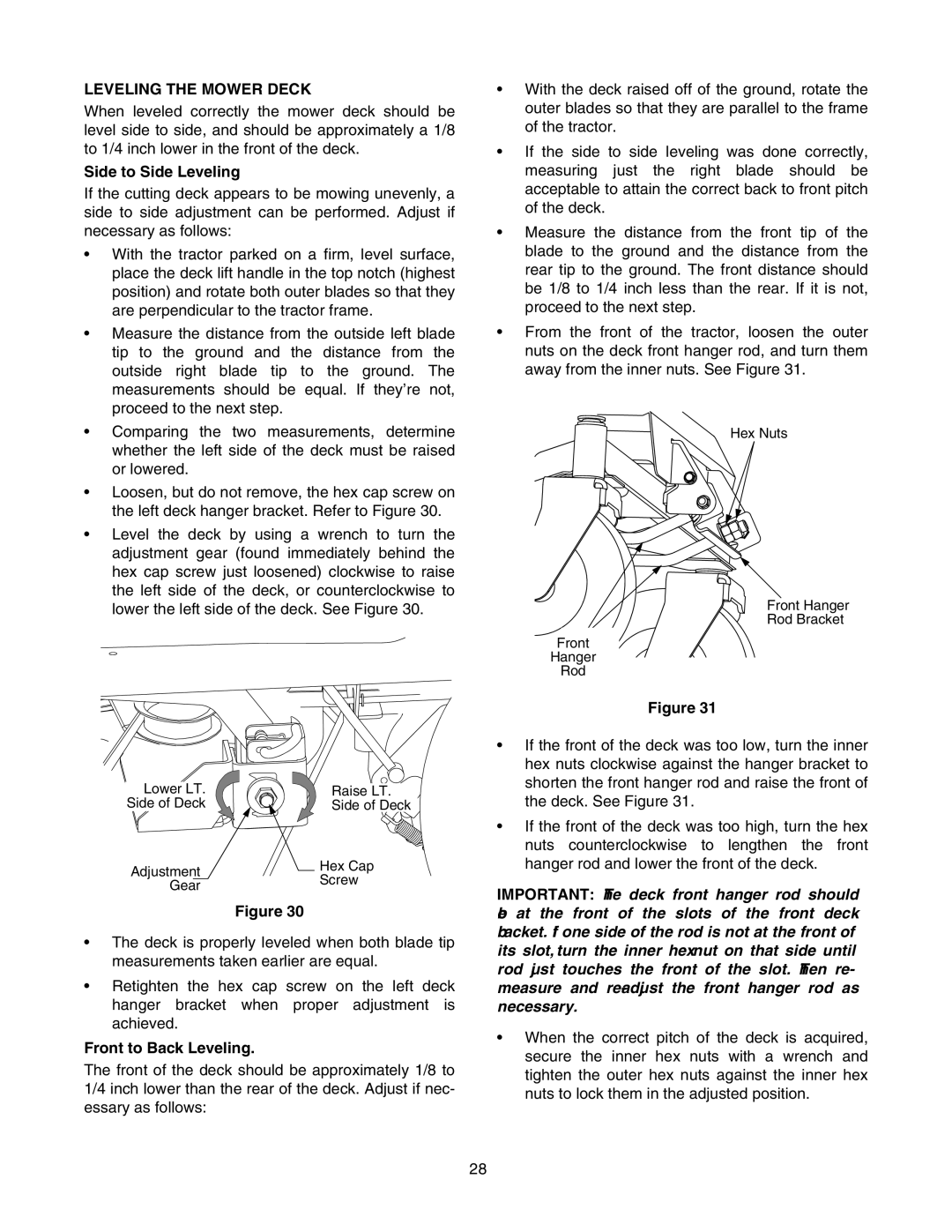 Cub Cadet RZT 50 manual Leveling the Mower Deck, Side to Side Leveling, Front to Back Leveling 