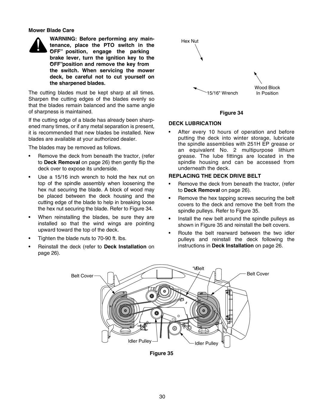 Cub Cadet RZT 50 manual Mower Blade Care, Deck Lubrication, Replacing the Deck Drive Belt 