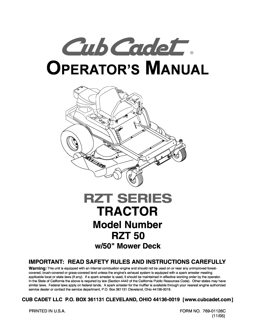 Cub Cadet RZT 50 manual Important Read Safety Rules And Instructions Carefully, Operator’S Manual, Rzt Series, Tractor 