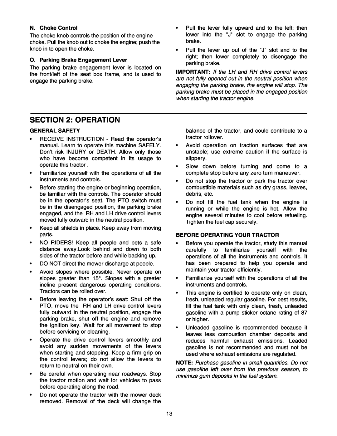 Cub Cadet RZT 50 manual Operation, N. Choke Control, O. Parking Brake Engagement Lever, General Safety 