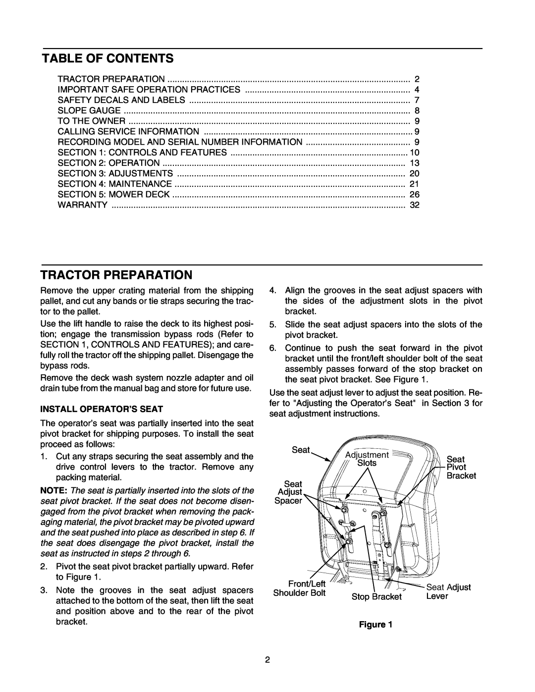 Cub Cadet RZT 50 manual Table Of Contents, Tractor Preparation, Install Operator’S Seat 