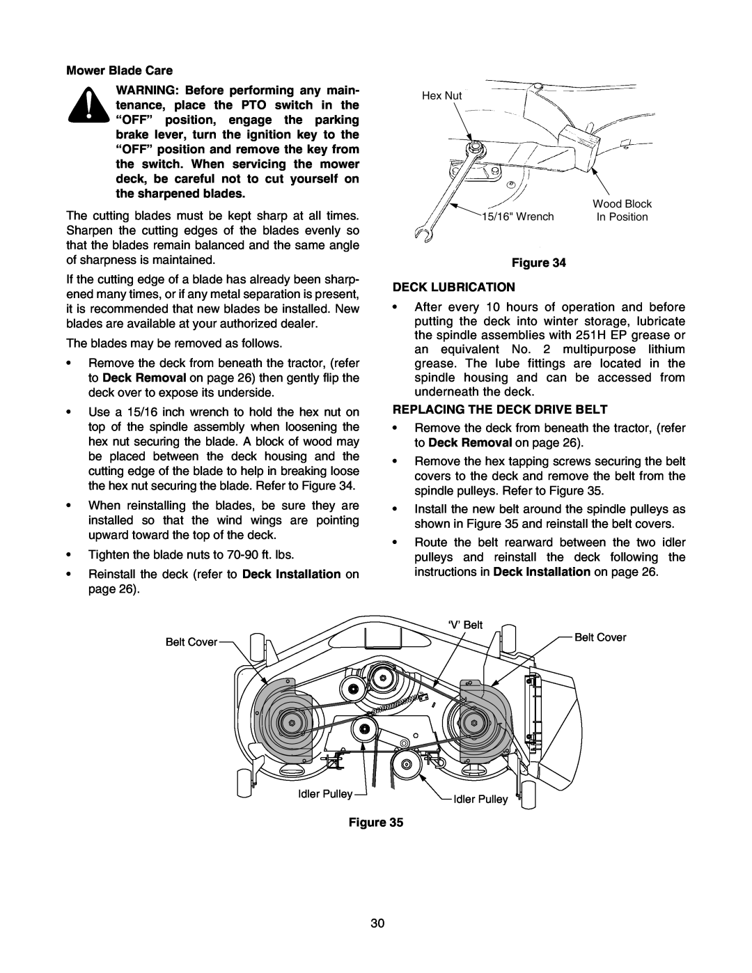 Cub Cadet RZT 50 manual Mower Blade Care, Deck Lubrication, Replacing The Deck Drive Belt 