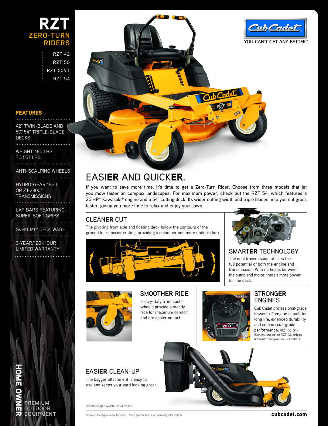 Cub Cadet RZT 42 warranty Easier And Quicker, Ownerhome, Zero-Turn, Riders, Cleaner Cut, Smarter Technology, Smoother Ride 