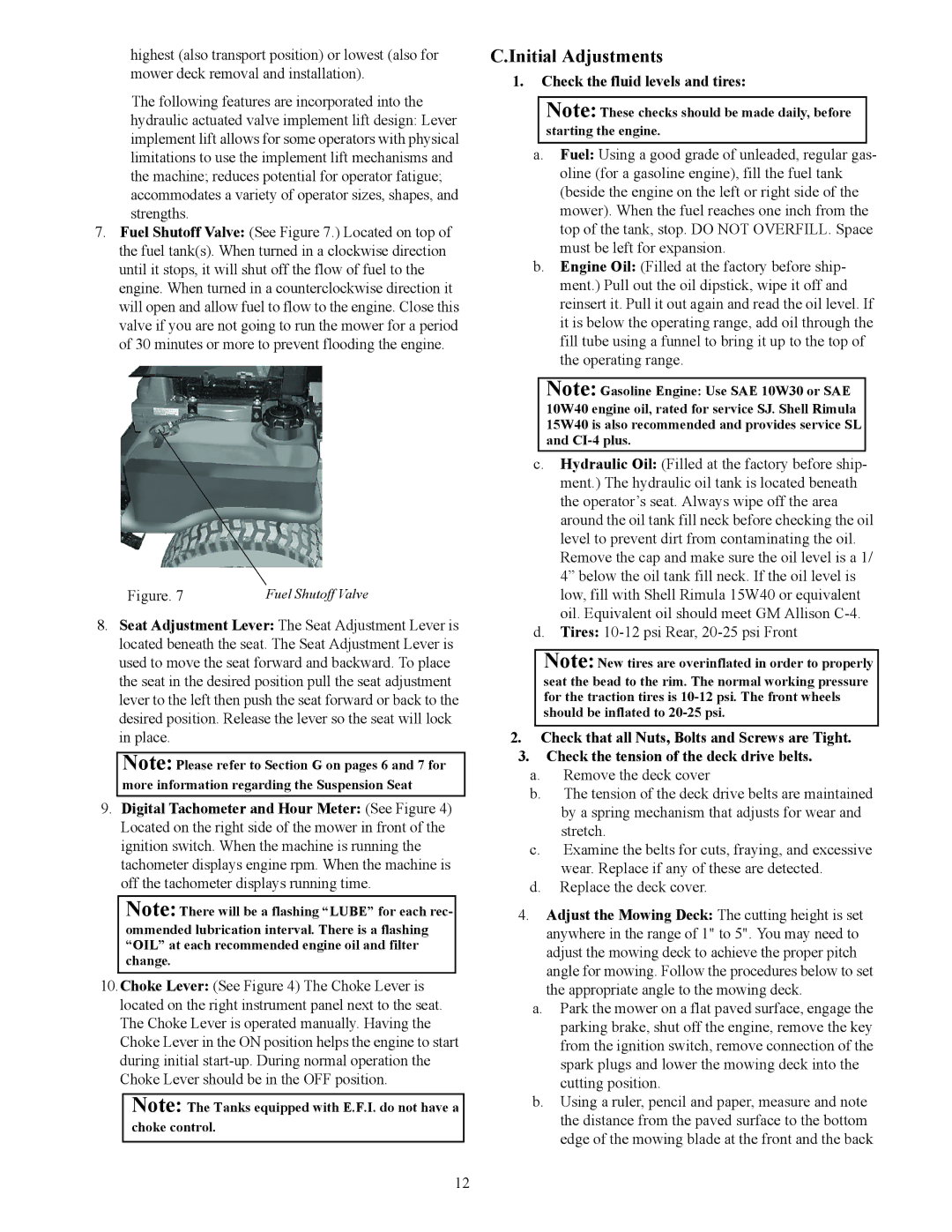 Cub Cadet S7237 service manual Initial Adjustments, Check the fluid levels and tires 