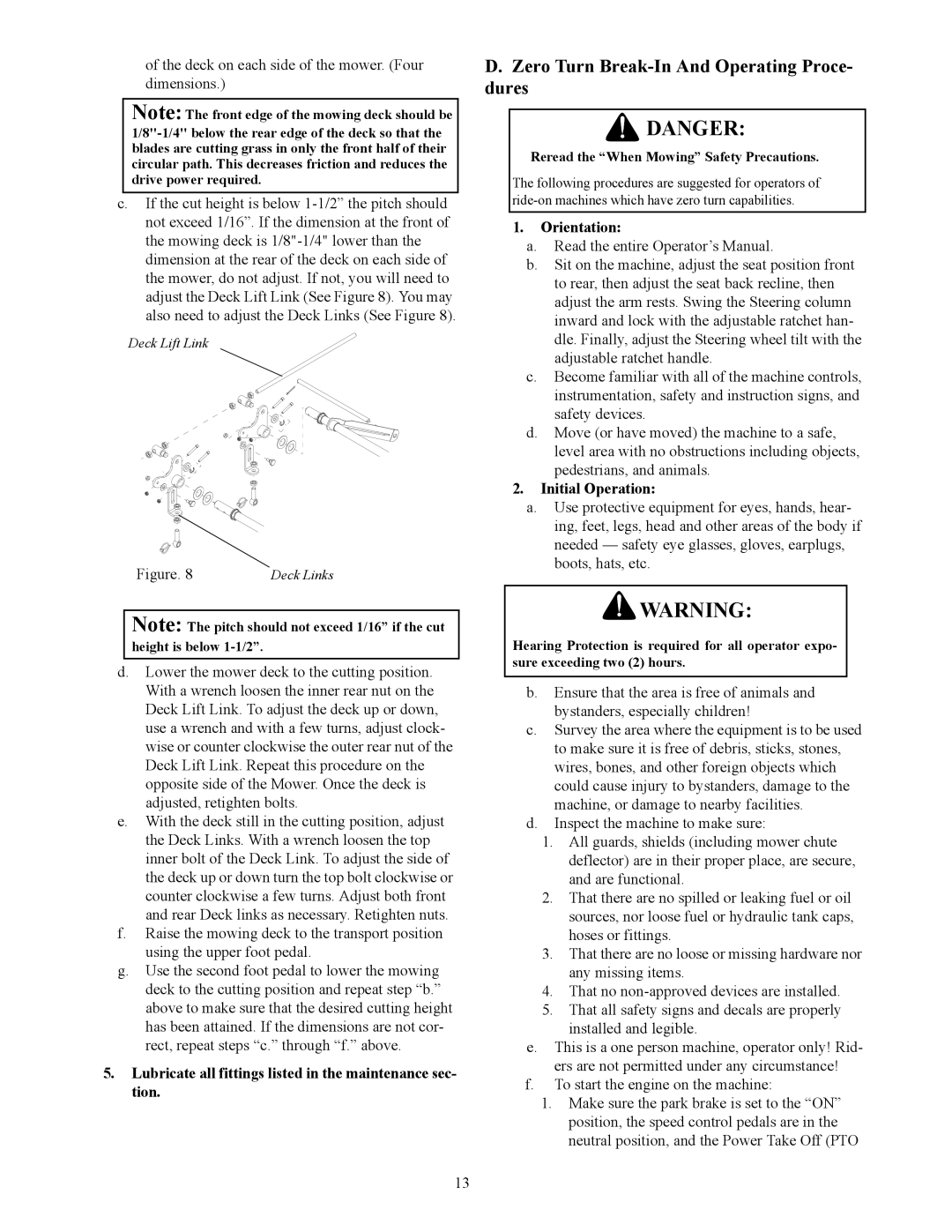 Cub Cadet S7237 Zero Turn Break-In And Operating Proce- dures, Lubricate all fittings listed in the maintenance sec- tion 