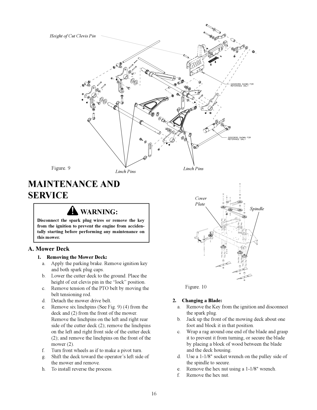 Cub Cadet S7237 service manual Maintenance Service, Removing the Mower Deck, Changing a Blade 