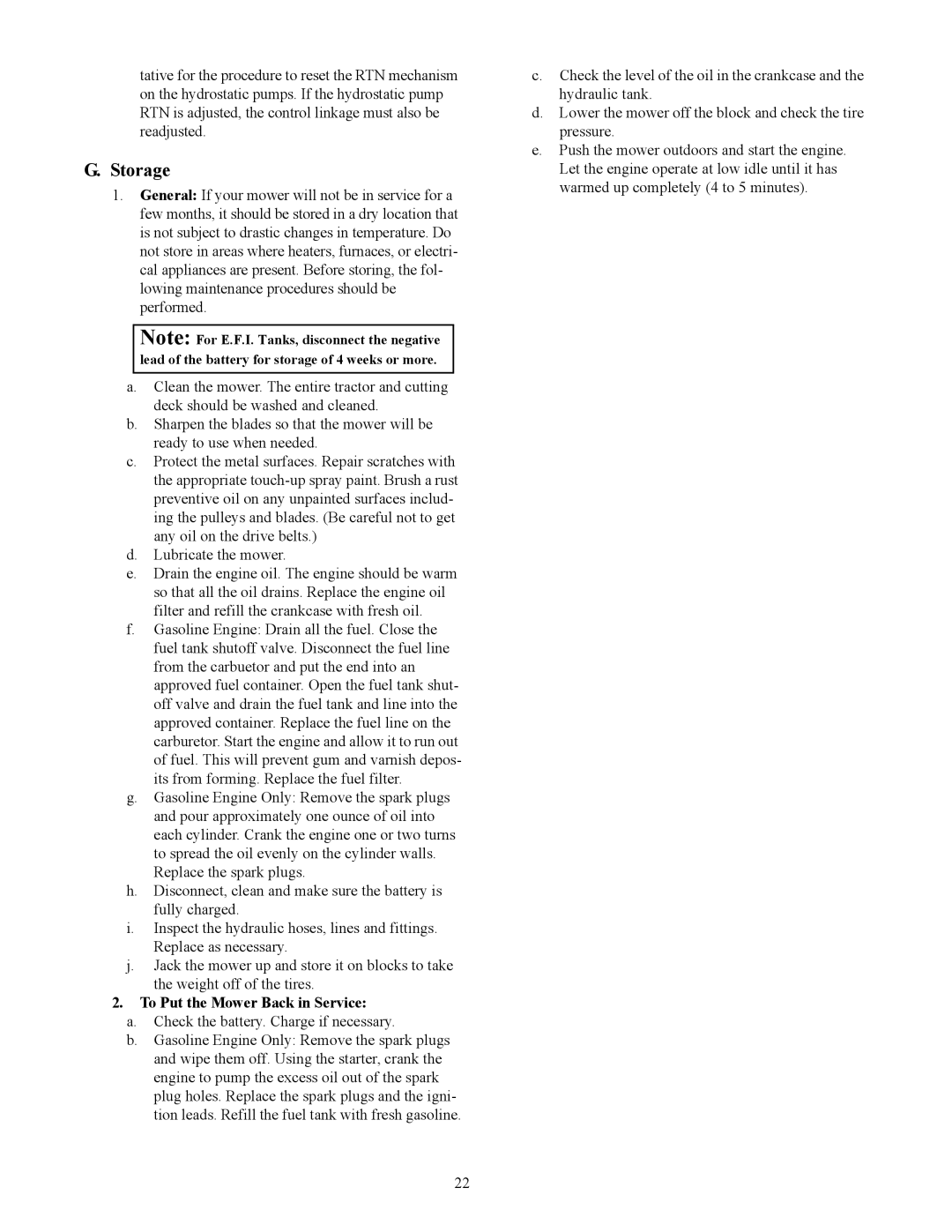 Cub Cadet S7237 service manual Storage, To Put the Mower Back in Service 