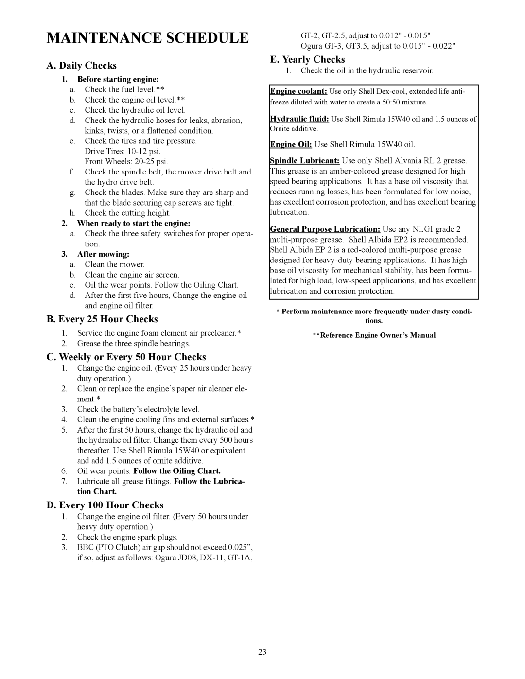 Cub Cadet S7237 service manual Maintenance Schedule 