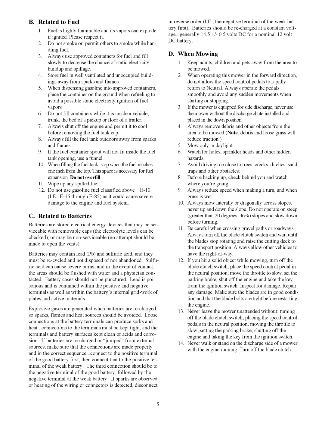 Cub Cadet S7237 service manual Related to Fuel, Related to Batteries, When Mowing 