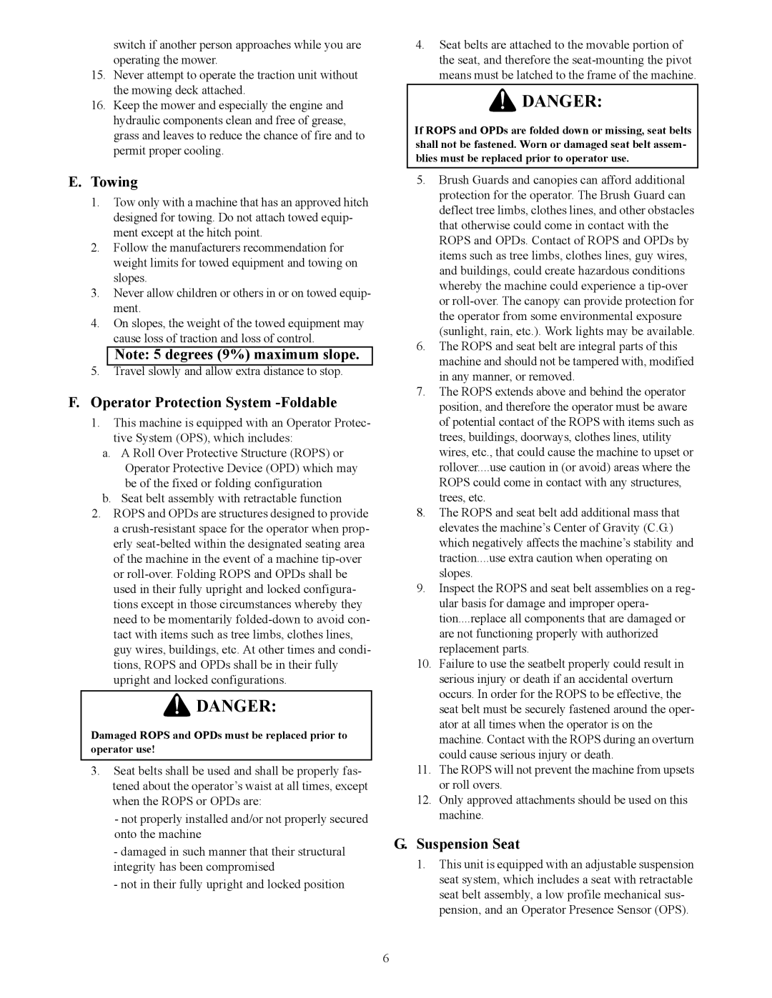 Cub Cadet S7237 service manual Towing, Operator Protection System -Foldable, Suspension Seat 