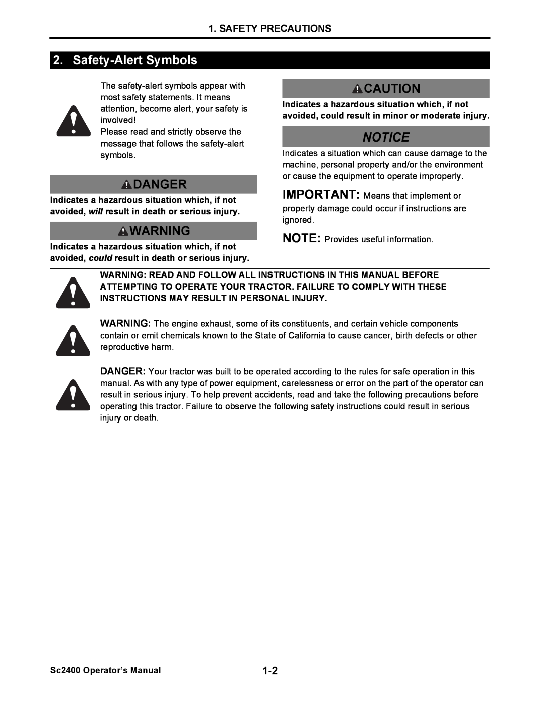 Cub Cadet SC2400 manual Safety-AlertSymbols, Danger, Notice, Safety Precautions, Sc2400 Operator’s Manual 