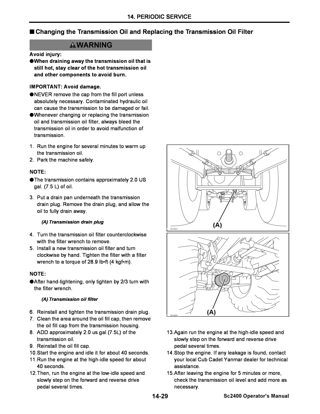 Cub Cadet SC2400 manual Periodic Service, 14-29, Avoid injury, IMPORTANT: Avoid damage, Sc2400 Operator’s Manual 