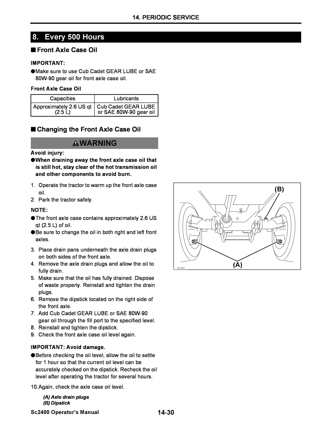 Cub Cadet SC2400 manual Every 500 Hours, Periodic Service, Front Axle Case Oil, Avoid injury, IMPORTANT: Avoid damage 