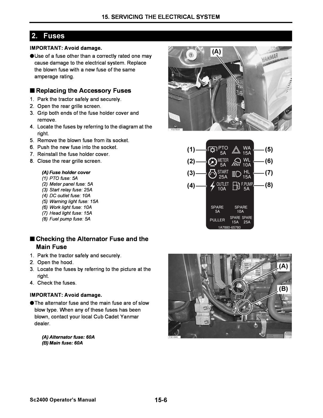 Cub Cadet SC2400 manual Fuses, Servicing The Electrical System, IMPORTANT: Avoid damage, Sc2400 Operator’s Manual 