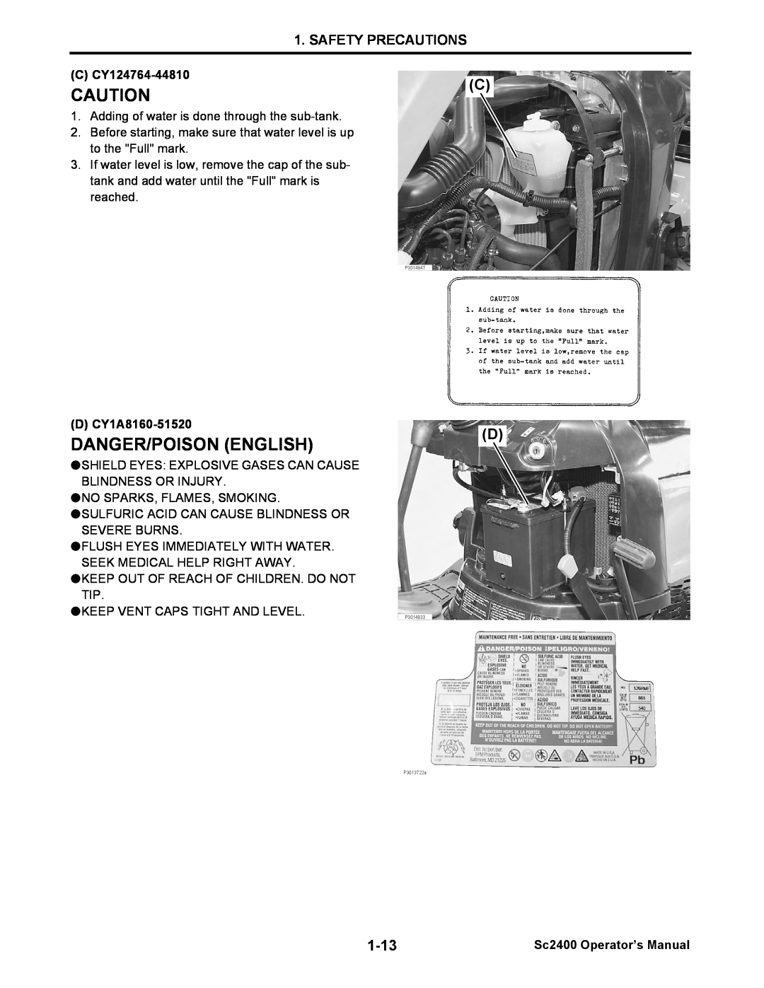 Cub Cadet SC2400 Danger/Poison English, Safety Precautions, C CY124764-44810, D CY1A8160-51520, Sc2400 Operator’s Manual 